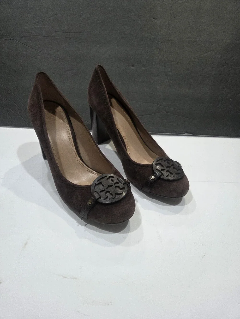 Tory Burch Dark Brown Suede Block Heel Pumps with Logo Medallion